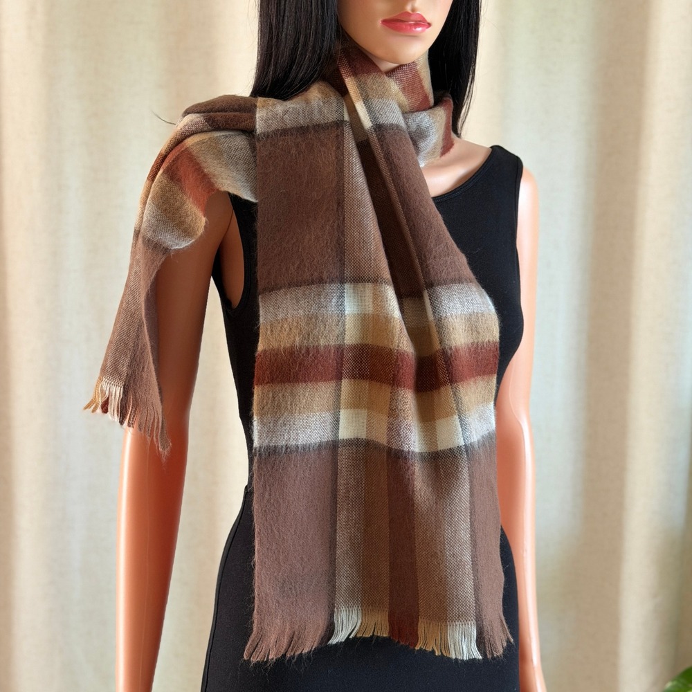 Vintage West Germany Plaid Scarf Brown Tan Acrylic Soft Fringe Fall Winter Wrap